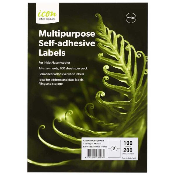 Icon Laser Label, 105mm x 148mm, 4 Per Sheet, 100 Sheets - White